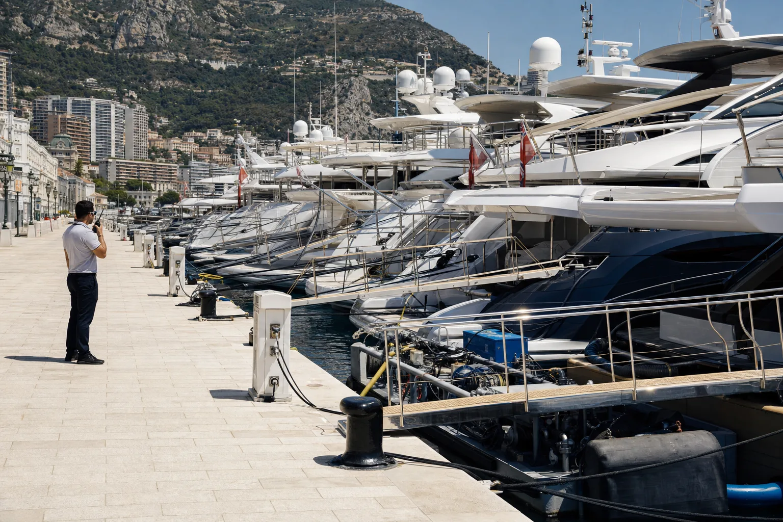 Superyachts moored stern-to along a crowded stone quay in hard summer light